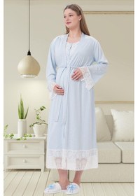 Resim Mecit Pijama Mecit 6204 Mavi Hamile Lohusa Dantelli Sabahlık Gecelik Takım 