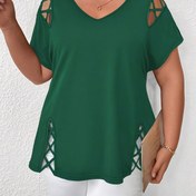 Resim Kadınların Büyük Beden Yeşil T-Shirt'i Kesik Detaylı - Zarif V-Yaka Rahat Üst, Esnek Polyester Kumaş, Tüm Mevsimler İçin Mükemmel, Büyük Beden Bluz 