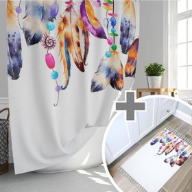 Resim Renkli Tüy Desen Banyo Duş Perdesi-180x200cm Duşakabin Perdesi Ve Paspası, Dream Catcher Paspas Seti Tropik Home