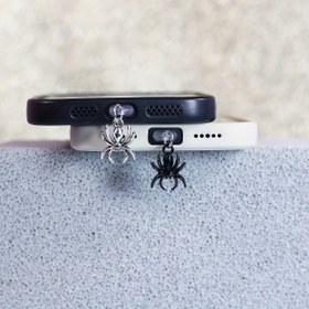 Resim Küçük Örümcek Siyah ve Antika Gümüş Toz Tıpası, Cep Telefonları, Aksesuarlar ve Dekorasyonlar için, iPhone ve Samsung Type-C Arayüzüne Uygun 