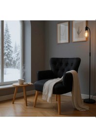 Resim Waterybrook Tekli Berjer Koltuk - Kapitoneli Babyface Kumaş - Ceviz Ahşap Ayaklı - Retro Modern Tasarım Siyah 