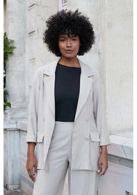 Resim Kadın İpeksi Dokulu Modal Kumaş Yakalı Cep Kapaklı Oversize Salaş Blazer Ceket-açık Vizon A.vizon 