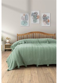 Resim Tek Kişilik Ponponlu Triko Örme Battaniye - Yumuşak Doku & Şık Örgü Tasarım - Mint Yeşili Mıntyesılı Mint Yeşili 