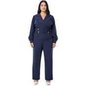 Resim Büyük Beden Kruvaze Yaka Metal Düğmeli Fermuarlı Lacivert Tulum-lacivert Lacivert 