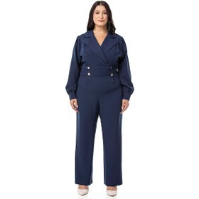 Resim Büyük Beden Kruvaze Yaka Metal Düğmeli Fermuarlı Lacivert Tulum-lacivert Lacivert 