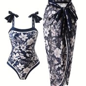 Resim Kadın Modası Çiçek Baskılı Sarong Askılı Güneş Kremi Mayo 