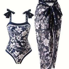 Resim Kadın Modası Çiçek Baskılı Sarong Askılı Güneş Kremi Mayo 