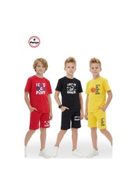 Resim Fyk Kids 3'lü Bisiklet Yaka Baskı Detaylı Renkli Kaprili Erkek Çocuk 6 Parça Alt Üst Takım Kırmızı-siyah-sarı 