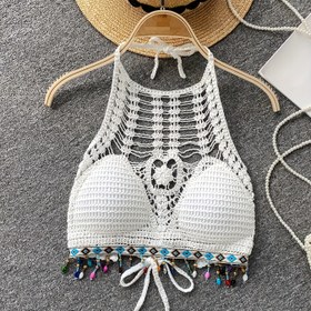 Resim 1 adet Boho Şık Ajurlu Tığ İşi Halter Yaka Tankini Üstü Kadınlar için, Örme Rayondan/Viskoz Kumaş, Dahili Dolgulu Yetişkin Plaj Giysisi, Düz Renk Tasarımı, Esnek, 130g/m² Hafif 