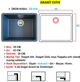 Resim Öztaş ÖZ-43a Granit Mutfak Eviye Antrasit Tek Gözlü 43 x 55 CM 