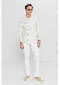 Resim AC&Co / Altınyıldız Classics Erkek Bej Pamuklu Keten Slim Fit Dar Kesim Kırlangıç Yaka Çizgili Kruvaze Blazer Ceket Bej 
