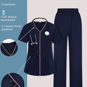 Resim Kadın Profesyonel Salon ve Spa Kıyafeti - Mavi İş Kıyafeti, Bel Bandı, Çoklu Kullanım Cebi - Tüm Mevsim Sağlık Tesis Kıyafeti Pedikür Teknisyeni, Tırnak Sanatçıları, Reçeteciler için - Kolay Bakım İş Kıyafeti, Salon Aksesuarları, Pedikür Teknisyeni Giyim, V Yaka Tasarımı, Dayanıklı Kumaş, Rahat Uygunluk, Güzellik Uzmanları, Şık İş Kıyafeti, Yüksek Kaliteli Malzeme, Kısa Kollu Üst, Güzellik Terapistleri 