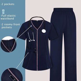 Resim Kadın Profesyonel Salon ve Spa Kıyafeti - Mavi İş Kıyafeti, Bel Bandı, Çoklu Kullanım Cebi - Tüm Mevsim Sağlık Tesis Kıyafeti Pedikür Teknisyeni, Tırnak Sanatçıları, Reçeteciler için - Kolay Bakım İş Kıyafeti, Salon Aksesuarları, Pedikür Teknisyeni Giyim, V Yaka Tasarımı, Dayanıklı Kumaş, Rahat Uygunluk, Güzellik Uzmanları, Şık İş Kıyafeti, Yüksek Kaliteli Malzeme, Kısa Kollu Üst, Güzellik Terapistleri 
