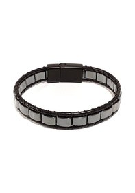 Resim Metal Bloklu Siyah Hakiki Deri Erkek Bileklik Mıknatıslı Metal Tokalı, Modern Tasarım75-7 Antrasit 