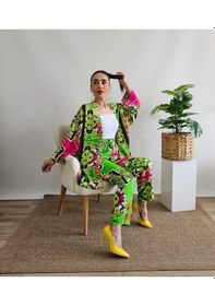 Resim İpli Yeşil Renk Etnik Desenli Viskon Kumaş Kimono Takım Yeşil 
