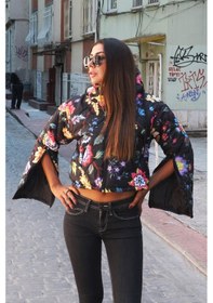 Resim Keyifli Moda Kadın Siyah Çiçekli Kapüşonlu Kolları Fermuarlı Kısa Şişme Mont - S-m Siyah 