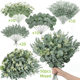 Resim 30/50/70 adet Yapay Karışık Okaliptüs Yaprakları Sapları Toptan, 4 Çeşit Gümüş Dolar Okaliptüs Yaprakları Seçimi, Sahte Okaliptüs Sapları Spreyleri DIY Buketleri Çiçek Düzenlemesi Ev Dekorasyonu için 
