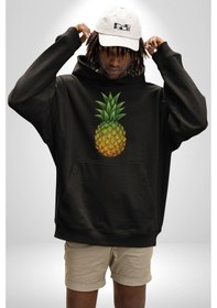 Resim Ananas Meyve Kadın Erkek Siyah Kapüşonlu Sweatshirt Hoodie Siyah 