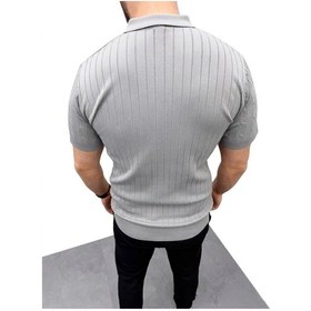 Resim Erkek Yazlık Triko Saç Örgü Tişört Kısa Kol Polo Yaka Fermuarlı T-shirt - Gri 