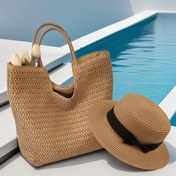 Resim 2 adet Kadın Omuz Dokuma Çanta ve Moda Güneş Şapkası Seti - Büyük Kapasiteli Naylon Tote, Fermuar Kapatma ve Sabit Askı, Polyester Astarlı, Bej/Krem, Plaj, Tatil, Düğün, Parti, Hediye için Mükemmel 
