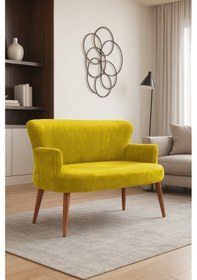 Resim Roma Modern İkili Koltuk - Babyface Kumaş - Kapitonesiz - Ahşap Ceviz Renk Ayak - Sarı Sarı 