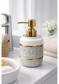 Resim Luxury Gold Detaylı Beyaz Porselen Sıvı Sabunluk Gold Başlıklı Banyo & Lavabo Sabunluk Gri 
