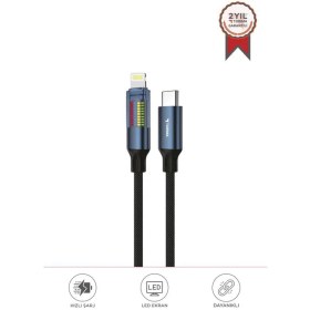 Resim Torima Şarj Kablosu Type-C to Lightning Led Ekranlı Hızlı 27W Örgü Data Kablo U21 Siyah 