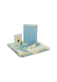 Resim Fransızca Mealli Medine Hatlı Kuranı Kerim Ve Seccade Seti Mavi 