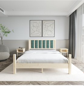 Resim Orion Model Çağla Yeşili Puflu Başlıklı Doğal Çam Ahşap Karyola Ve İki Komodin Set-243 150 x 200 CM 