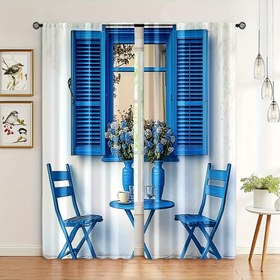 Resim 2 Adet Mavi ve Beyaz Yunan Yazlık Ev Perdeleri - Çağdaş Örgü Polyester Kumaş, Makinede Yıkanabilir, Çeşitli Odalar İçin Tüm Sezon Dekoru, Mimari Tasarımlı Akdeniz Stili, Oturma Odası İçin Perdeler 