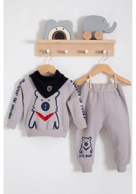 Resim Oynar Gözlü Fularlı 3'lü Erkek Bebek Takımı Gri 