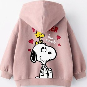Resim Kız Çocuk Snoopy Baskılı Kapüşonlu Manşetli Sweatshirt Pudra 