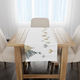 Resim Gümüş / Altın Rengi Ağaç ve Süslü Yılbaşı Temalı Runner Örtü 