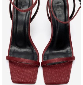 Resim Luvishoes Sone Bordo Saten Gold Topuklu İnce Bantlı Kadın Topuklu Ayakkabı 