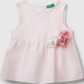 Resim United Colors of Benetton Kız Çocuk Toz Pembe Keten Karışımlı Tamamı Desenli Çiçek Aplikeli Arkası Düğmeli Kolsuz Gömlek 