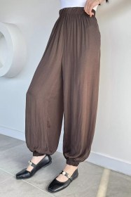 Resim Gülseli Kadın Bel Ve Paça Lastikli Şalvar Model Pantolon Kahve TZL-P-00021430 