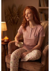 Resim Alimer Kadın Kelebek Desen 3 Düğmeli Mevsimlik Likralı Viskon Kısa Kol Cepli Pijama Takımı Pembe 