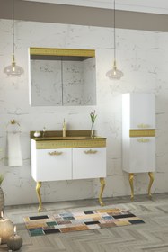 Resim Alfa Banyo Gold Beyaz (65 35) 100 Cm Boy Dolaplı Cam Lavabolu Lüx Banyo Dolabı Takımı**demonte Değil 