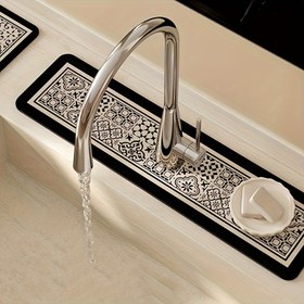 Resim Vintage Mutfak Musluğu Matı - Zarif Siyah ve Beyaz Çiçek Deseni, Kaymaz Diyatomit Polyester Mat, Lavabolar, Tezgahlar ve Banyolar için, 3 Boyutta Mevcut, Tezgah Koruma|Dekoratif Tezgah|Dayanıklı Tezgah Matı, Musluk Aksesuarları 