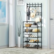Resim Ayakkabı ve Şapka Rafı ile Ayarlanabilir 4/5 Katlı Metal Ayakkabı Rafı, 8 Kancalı, Koridor Kullanımı İçin 