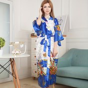 Resim Kadınların Açık Mavi Kimono Bornozu - Japon Geleneksel Rahat V-Yaka Çiçek Baskılı, Üç Çeyrek Kollu ve Kemerli, Bahar/Yaz Spa Banyo Bornozu Yetişkinler İçin, 49.9-74.84KG 