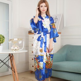 Resim Kadınların Açık Mavi Kimono Bornozu - Japon Geleneksel Rahat V-Yaka Çiçek Baskılı, Üç Çeyrek Kollu ve Kemerli, Bahar/Yaz Spa Banyo Bornozu Yetişkinler İçin, 49.9-74.84KG 