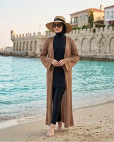 Resim Trend Kapında Yazlık Ajurlu Uzun Önü Açık Triko Kimono Kaftan, Plaj Giyim 