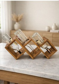 Resim Doğal Ahşap Dokaratif Masa Üstü Moderen Üçlü Şaraplık Standı, Koyu Meşe 