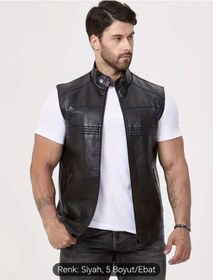 Resim Nyc Giyim Tekstil & Deri Uzun Hakim Yaka Regular Fit Hakiki Deri Yelek Siyah 