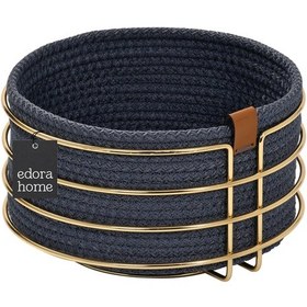 Resim Altın Yuvarlak Ekmek Sepeti Şık,ekmeklik Mavi Hasır Örmeli Makrome-çok Amaçlı Metal Paslanmaz Altın 