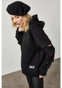 Resim Xhan Kadın Siyah Kolları Lazer Kesimli Etiket Detaylı Sweatshirt Siyah 
