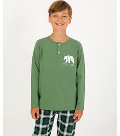 Resim Vitmo Erkek Çocuk Uzun Kollu %100 Pamuklu Düğme Detaylı Pijama Takımı Everest Yeşil 