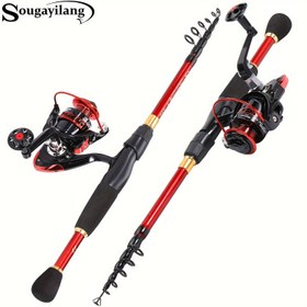 Resim Sougayilang Balıkçılık Kamışı ve Makara Seti Kırmızı Düz Saplı Balıkçılık Kamışı 5.2:1 Dişli Oranı Spinning Makara Alüminyum Hat Kupası Makara Tatlısu Balıkçılığı için Uygun 