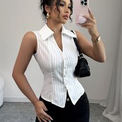 Resim Kadınların Şık Kolsuz Çizgili Gömlekleri - Elegan Fransız Tarzı Gömlek, Düğme Detayları, V Yaka ve Yırtma Kenarı - Bahar, Yaz, Sonbahar İçin Mükemmel - Rahat ve Şık Kıyafet, Rahat ve Şık Kıyafet | Zarif Gömlek | Dayanıklı Kumaş 